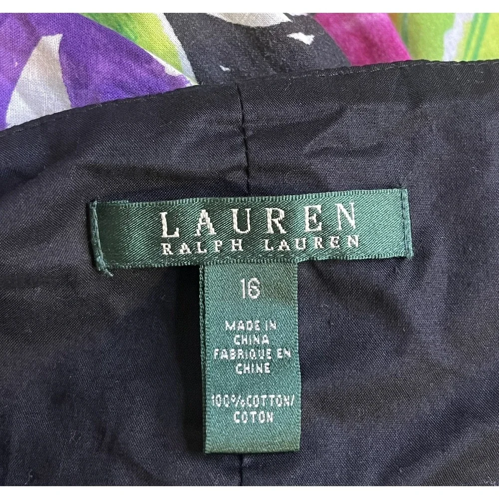 Vintage Ralph Lauren Floral A-Line Midi Skirt Sz 16 Black Multi Tropical Cotton